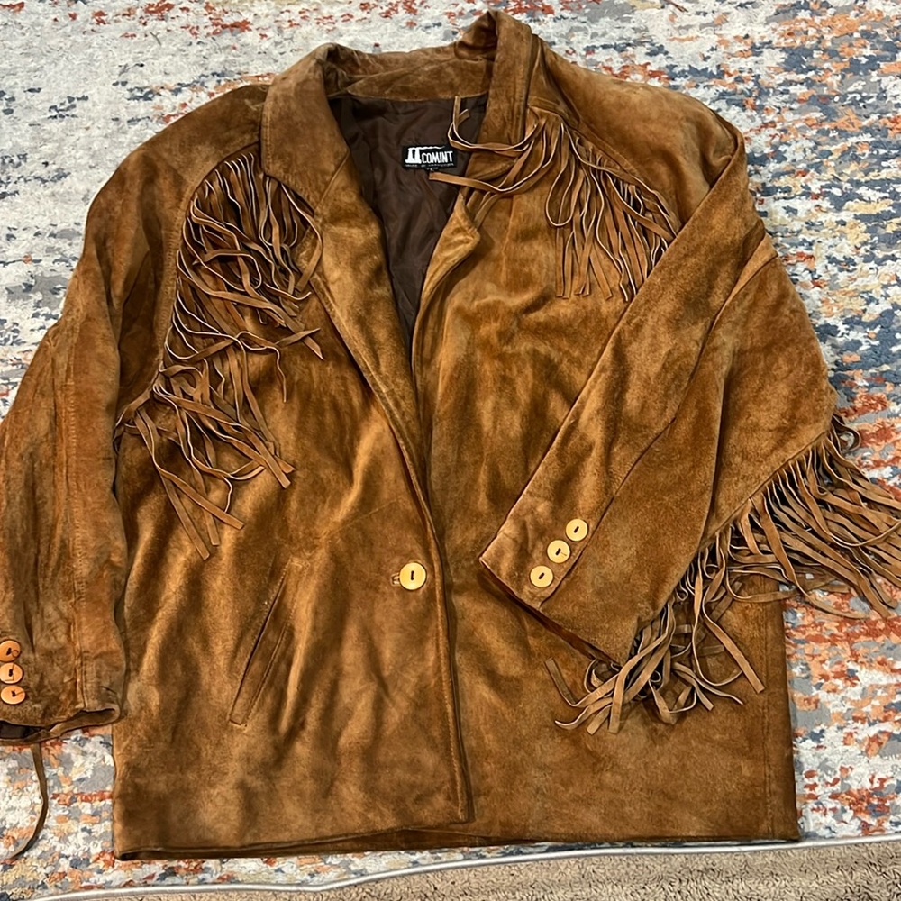 Vintage COMINT Brown Suede Fringe Jacket Blazer Sz L Argentina FABULOUS